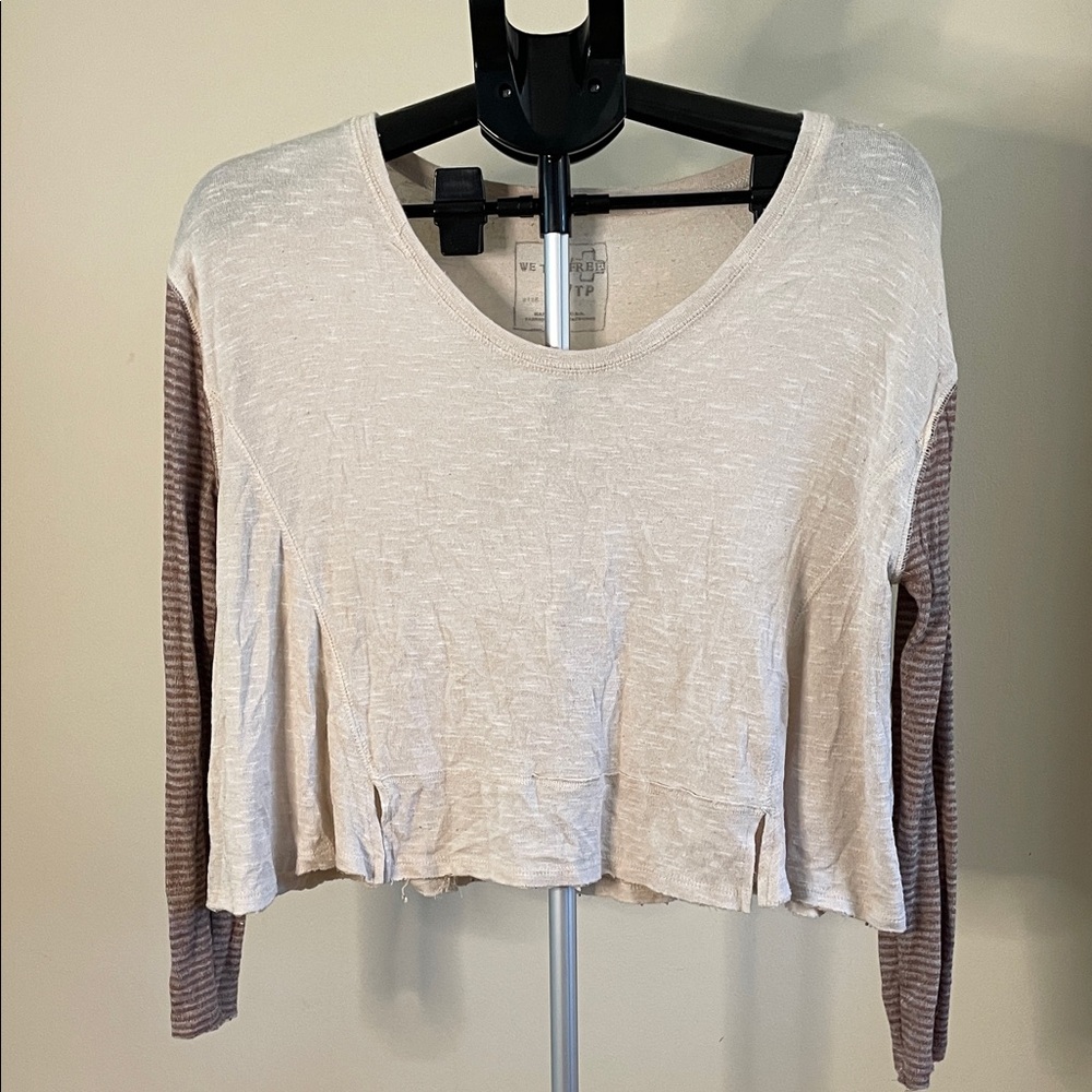 We The Free Cream and Brown Striped Sleeve Blouse
